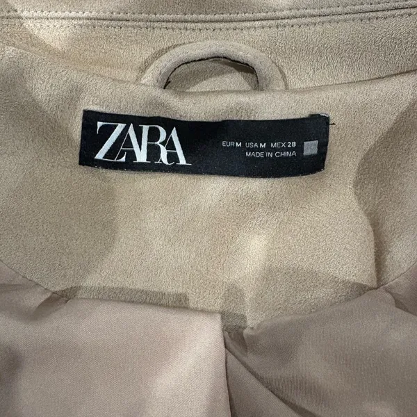 Zara cropped moto jacket coat rhinestones trim beige faux suede M - Image 6