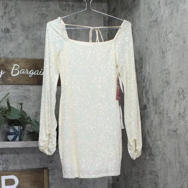 NWT Emerald Sundae Sequin Blouson-Sleeve Bodycon Mini Dress Cream Off White M - Image 4