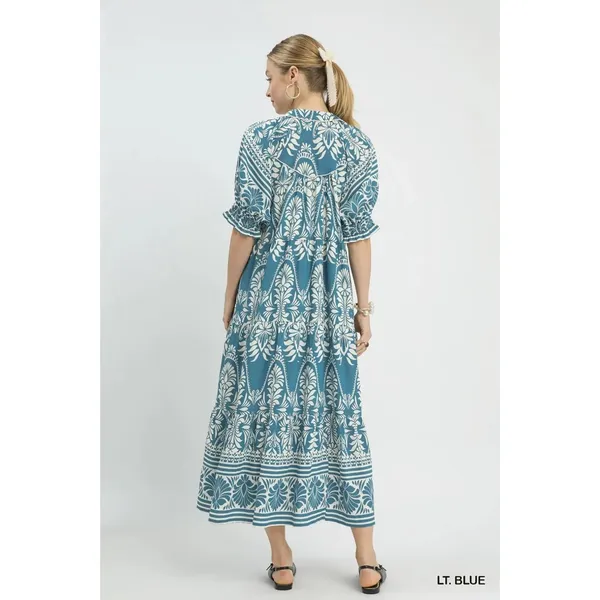 Umgee‎ Two tone Border Print Midi Dress - Lt. Blue - Small - Image 4
