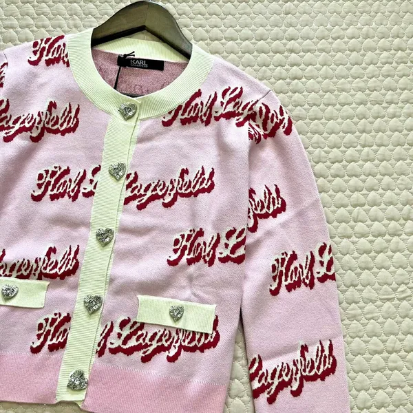 $399 NWT Karl Lagerfeld Pink Logo Cropped Cardigan Crystal Buttons Wool Blend - Image 6