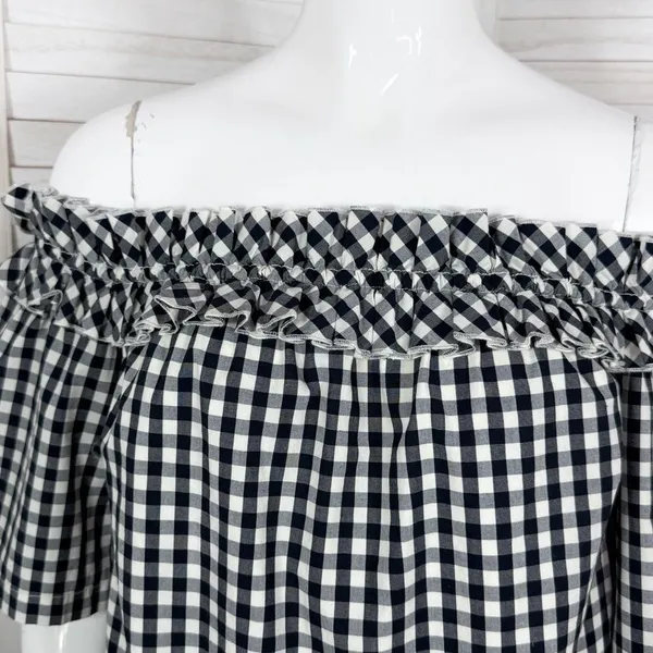 Vineyard Vines Gingham Check Off The Shoulder Shift‎ Mini Dress Black White XS - Image 5