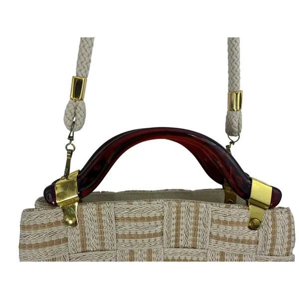 Vtg Handbag Purse Woven Purse Lucite Handles Made In Italy NWT Bohemian Neutral - Image 6