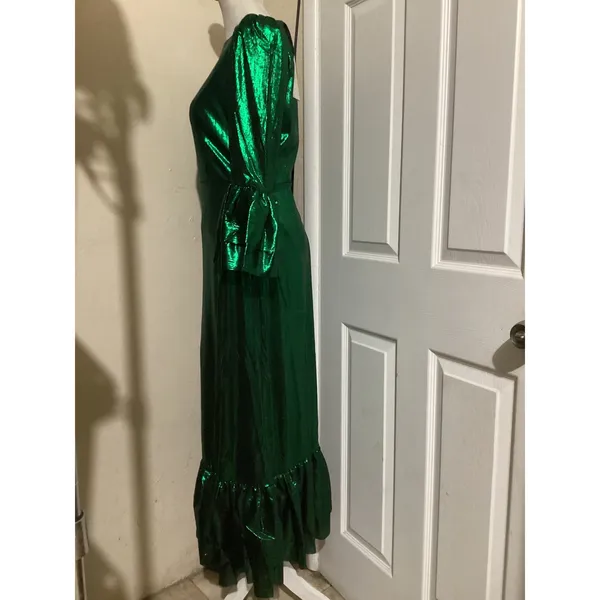 Pomander Place Green Metallic Pleated Ruffle Maxi Dress B1680 Small NWT - Image 4