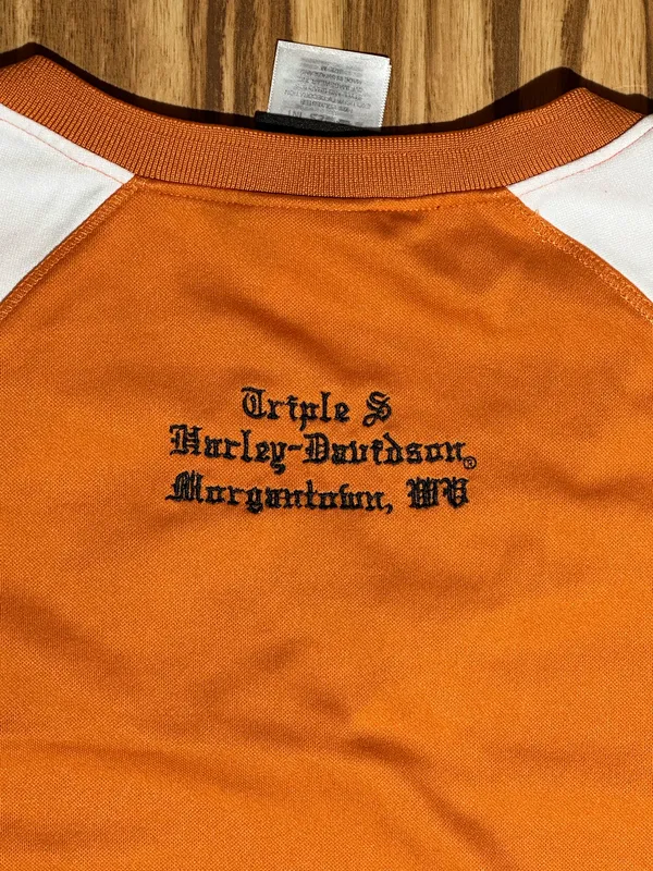Harley-Davidson Morgantown WV Orange and White V-Neck Tee - Image 6