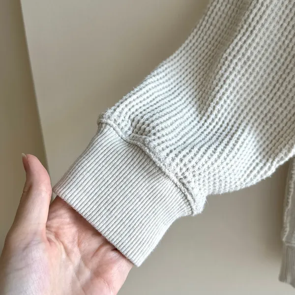 aerie Waffle Knit Long Sleeve Lounge Tee, Beige, Size Medium - Image 4