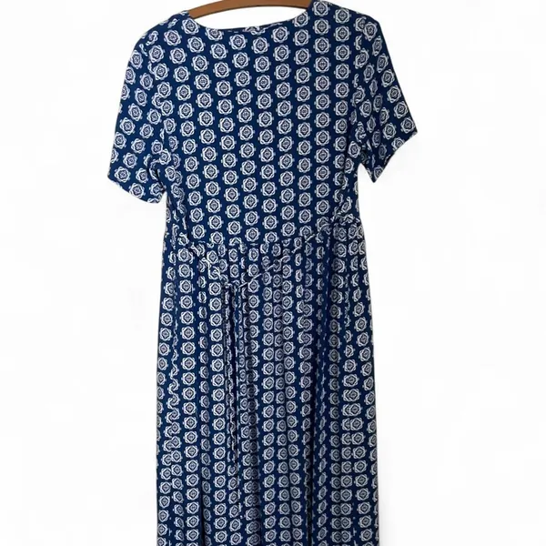 Vintage 90s Royal Blue Geometric Print Midi Button Short Sleeve Rayon Dress - Image 4