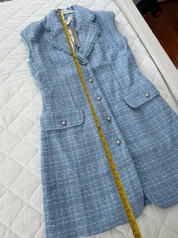 Maeve Anthropologie Blue Tweed Sleeveless Blazer Mini Dress Preppy Mod Quiet Luxury Size 6 - Image 8