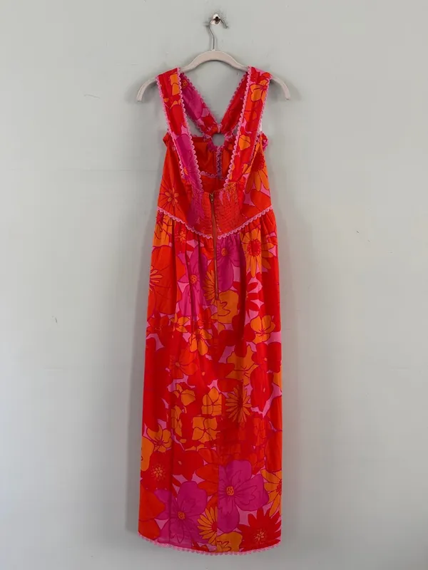 NWT J. Marie Lizzie Ric Rac Orange Floral Pink Preppy Summer‎ Midi Dress - Image 3