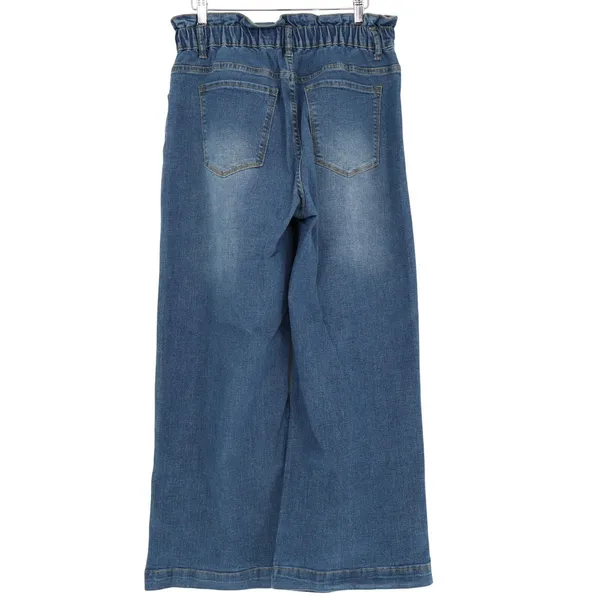 Jeans Womens L Blue Denim Cotton Stretch Mid Rise Drawstring High Waist Wide Leg - Image 4