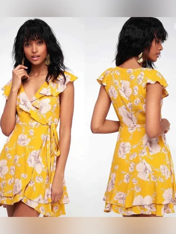Free People Yellow Floral Wrap Mini Dress - Image 2
