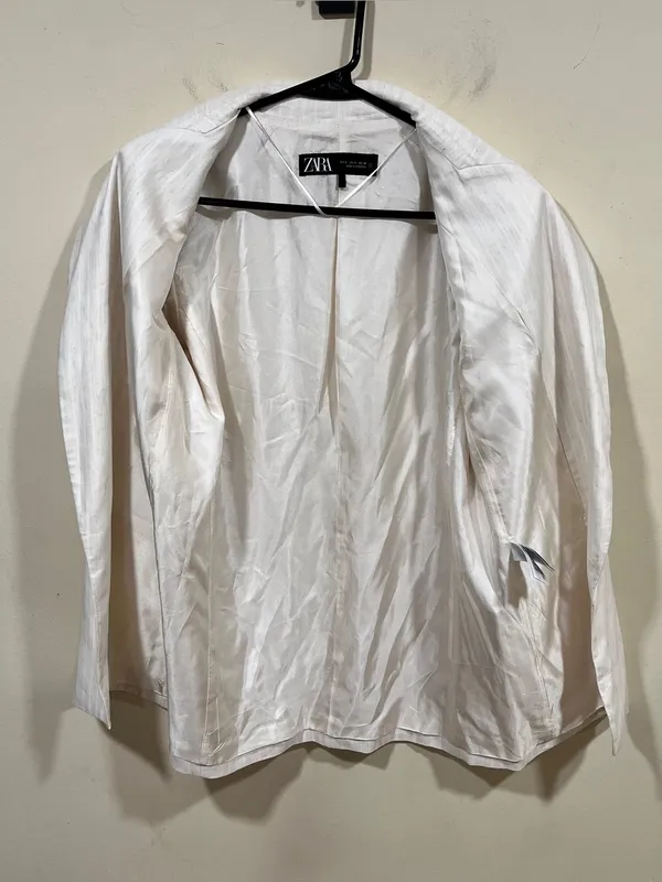 Zara pinstriped linen-blend blazer folded three-quarter sleeves front flap S - Image 5