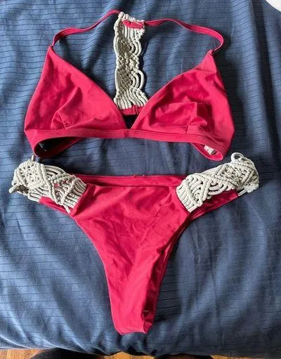 Wine Red And Grey Macramé Bikini Set. Medium. - Image 2