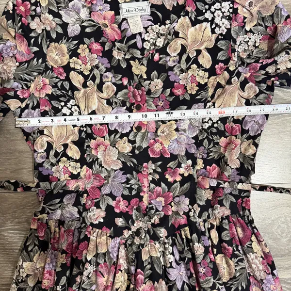 Miss Dorby Vintage 90s Floral Midi Dress L Black Purple Button‎ Front USA Made - Image 7