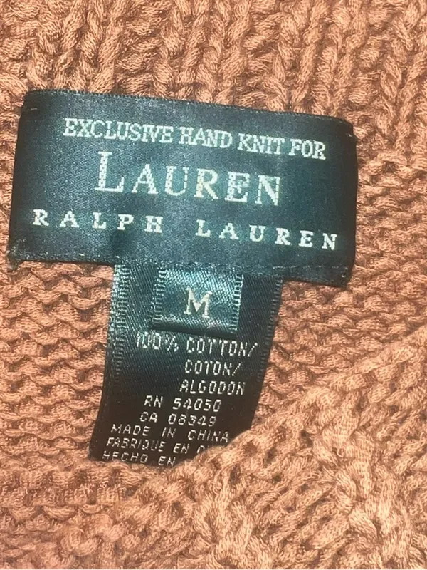 Vintage Lauren Ralph Lauren Hand Knit Sweater Brown Cotton Saddle Shoulder Y2K M - Image 3