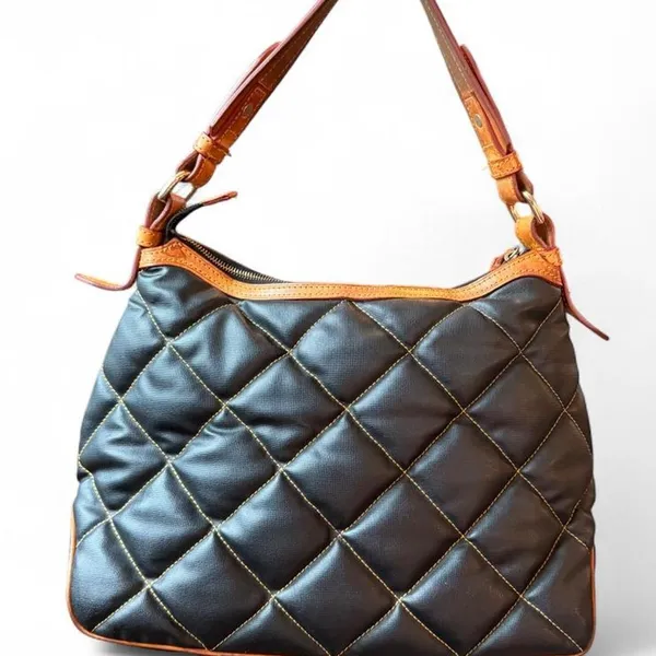 Dooney & Bourke Black Quilted Nylon Hobo Shoulder Bag Leather Tassels Y2K - Image 2