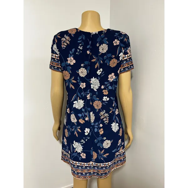 Lulus Navy Blue Floral Shift Mini Dress Short Sleeve Crew Neck M Made in USA - Image 4