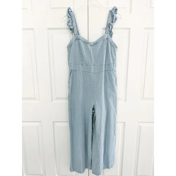 Baltic Born Madison Light Wash Denim Jumpsuit Ruffle Wide Leg Cottagecore XL - Image 3