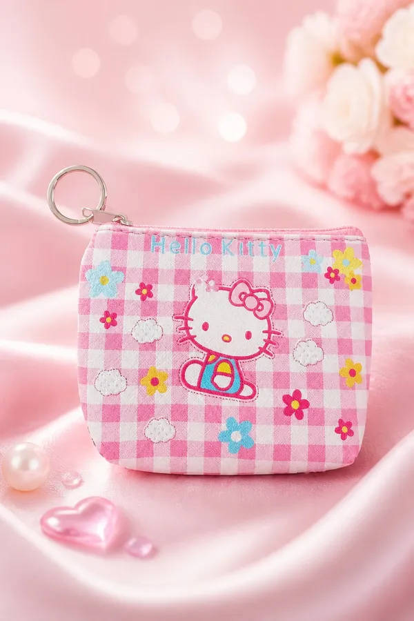 Sanrio Hello Kitty w/ Pink Bow White & Pink Zipper Gingham Coin Purse NWT - Image 2