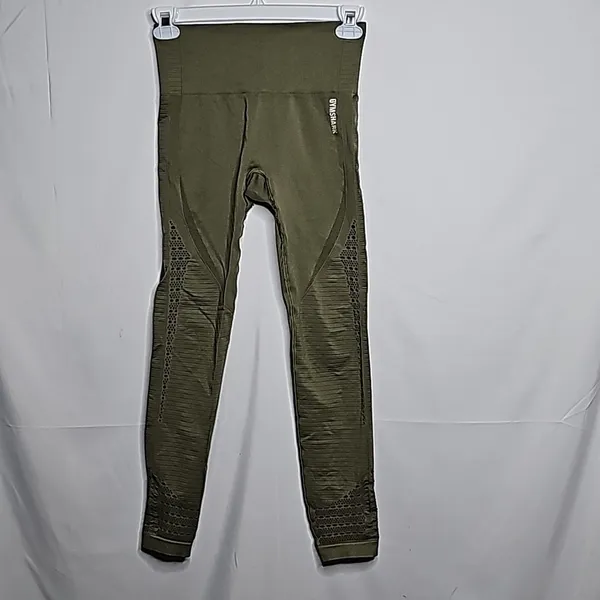 Gymshark olive green detailed seamless pull on stretchy workout leggings sz Med - Image 2