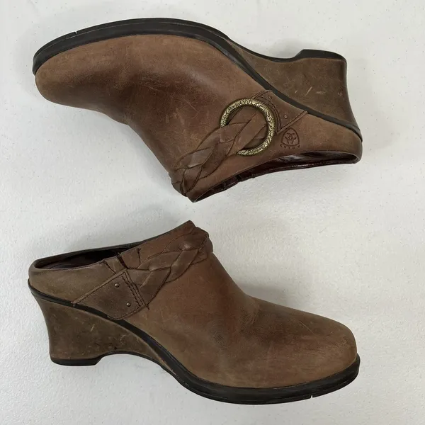 Ariat Women's Size‎ 6.5 Clogs Distressed Brown Leather Wedge Heel Western - Image 3
