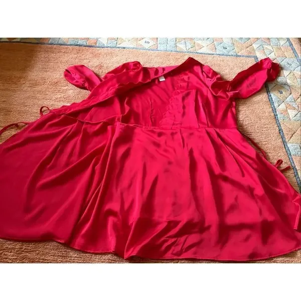 ChicSoul 2X Red Satin Scallop Faux Wrap Dress Long Sleeve Plus - Image 5