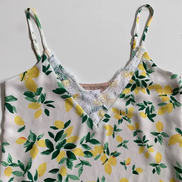 Socialite Womens Small‎ Lemon Print Lace Trim Cami Top Adjustable Straps Yellow - Image 5