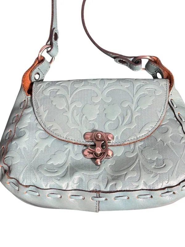 Patricia Nash Micaela Teal Shoulder Bag Tooled Embossed Leather Swinglock Suede - Image 2