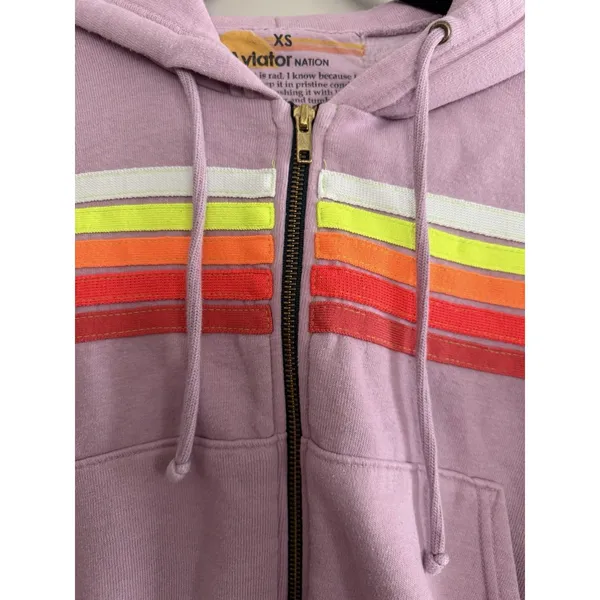 Aviator Nation 5 Stripe‎ Cropped Zip Hoodie Relaxed Mauve/White Neon Size XS - Image 8