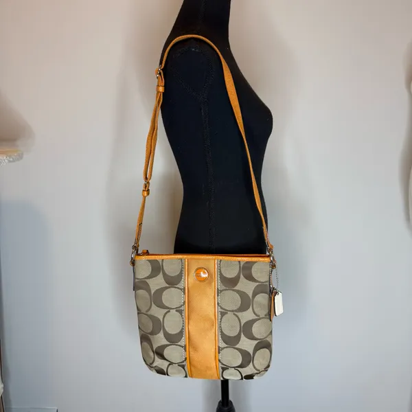 Coach Khaki Signature Crossbody with Orange Trim - Image 10