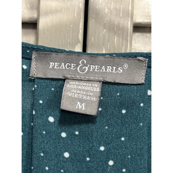 Peace‎ & Pearls Green/Wh Polkadot Chiffon Wrap Front 3/4 Tab Sleeve Blouse Sz M - Image 2