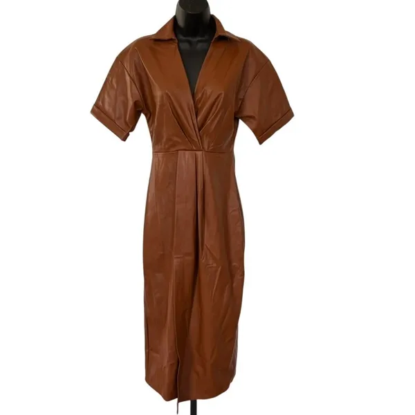 Zara Faux Leather Faux Wrap Dress Camel Sz‎ XS Chic Sophisticated Nouveau Riche - Image 2