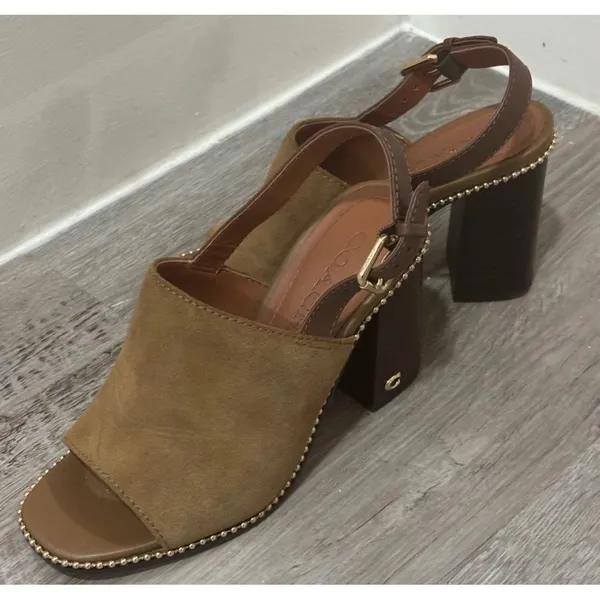 Coach Suede Block Heel Sandals Tan Brown Slingback Beaded Trim Womens Size 5.5 - Image 3