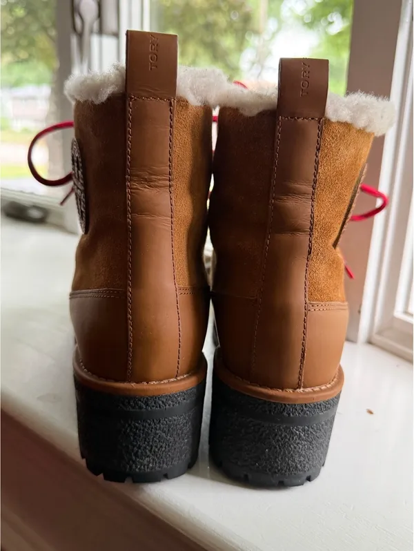Tory Burch Shearling-Lined Brown Suede Hiking Boots with Red Laces Sz 8.5 - Image 3