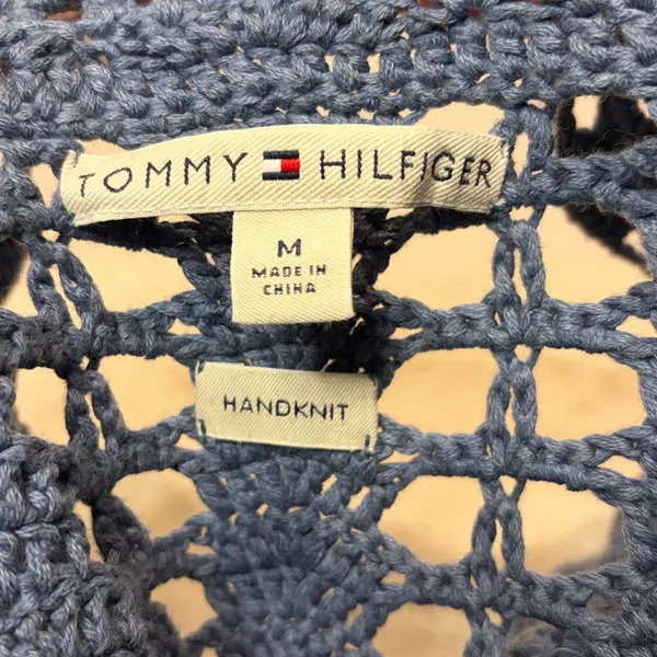 Tommy Hilfiger Vintage Handknit Blue Open Front Knit Cardigan Buttons Size M - Image 3