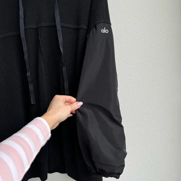 Alo Yoga Black Mixed Media Nylon Oversized Relaxed Hoodie Size Small Gym Travel - Image 5