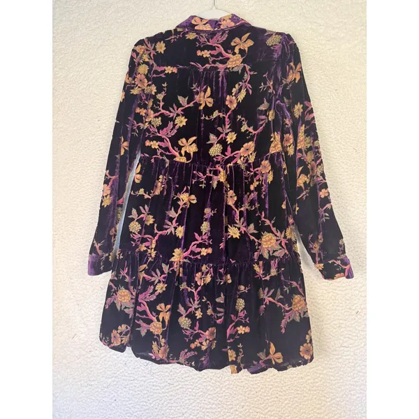 DEAR JOHN Dress Womens XS Purple Velvet Floral Shirt Dress Fairy Witchy‎ Boho - Image 2