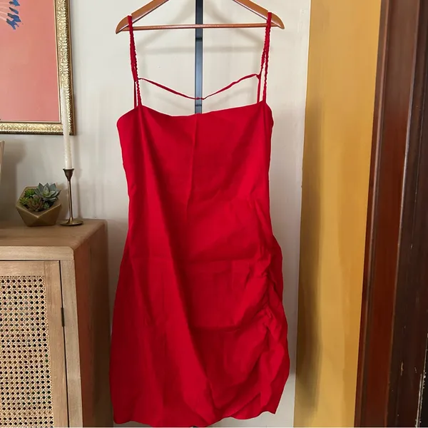 J.Crew Collection Side-Ruched Dress Stretch Linen-Viscose Blend Red Plus Size 24 - Image 2