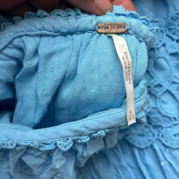 Free People Boho Blue Puff Sleeve Mini Dress Size 6 - Image 8