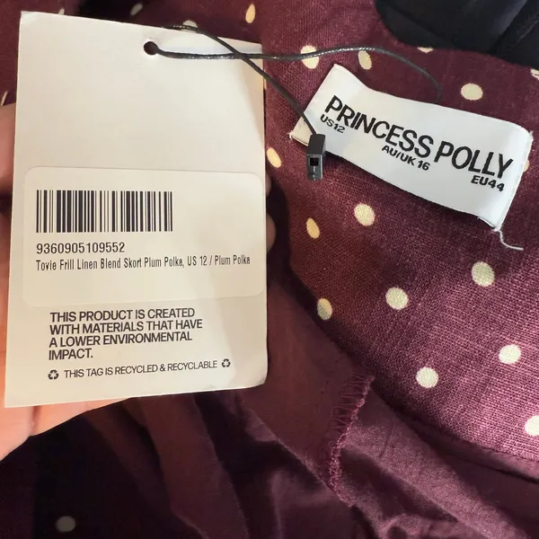 Princess Polly Tovie Frill Linen Blend Skort Plum Polka, US 12 - Image 6