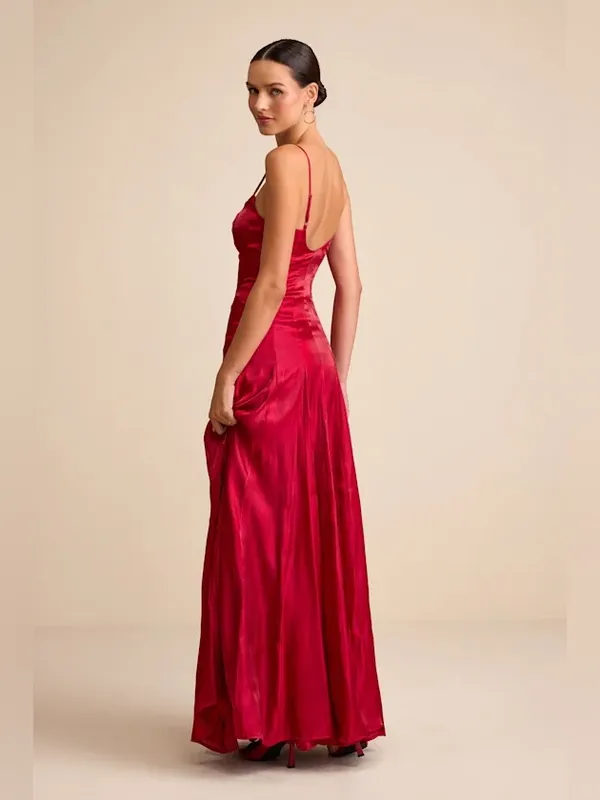 Lulu’s Berry Red Organza Pleated Drop Waist Maxi Dress Small - Image 3