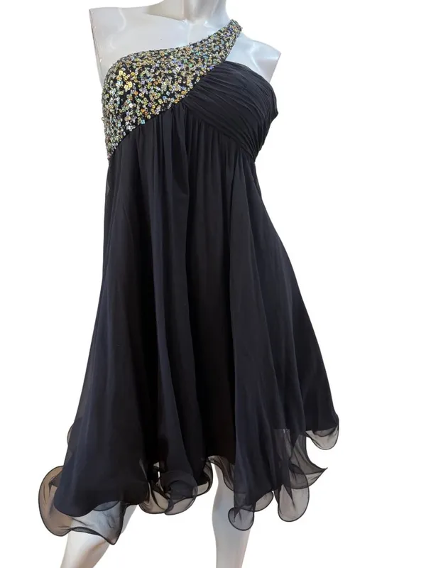 JOVANI Vintage 100% Silk Sequin One Shoulder Cocktail Mini Dress Sz 2/4 - Image 5