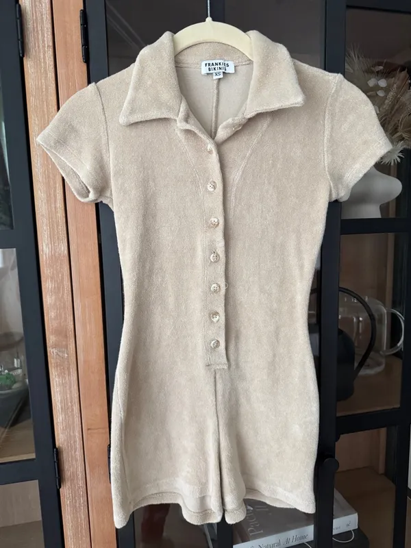 Frankie’s Bikinis Rose terry Romper onesie beige sand short sleeve button down - Image 13