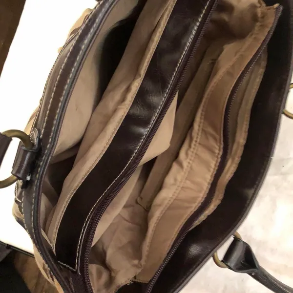 2000s Y2K Tan khaki brown beige shoulder hand school book laptop bag purse hobo tote monogram canvas faux leather. Great condition. Measurements in pics #boho #western #whimsygoth #grunge - Image 3