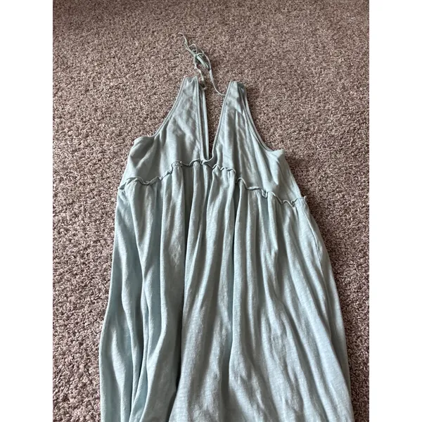 American Eagle Blue Cotton Halter Wide Leg Jumpsuit Ruffle V-Neck Romper Womens - Image 2