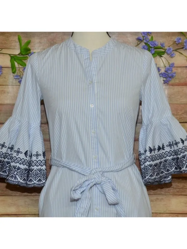 Cremieux Womens SZ 0 Blue White Striped Embroidered Bell Sleeve Tie Waist Dress - Image 3