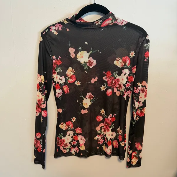 Mesh See Through Floral Long Sleeve Mock Neck Top Size Small Festival Concert - Image 6