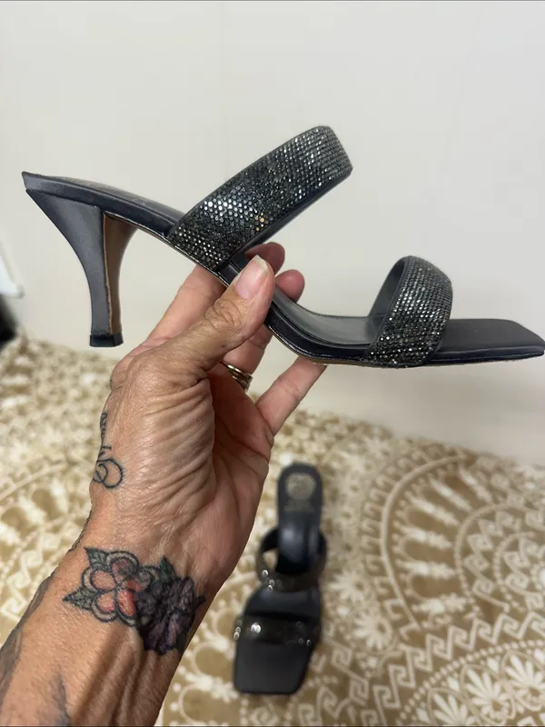 Vince Camuto Black Rhinestone Double-Strap Slide Heels - Image 2