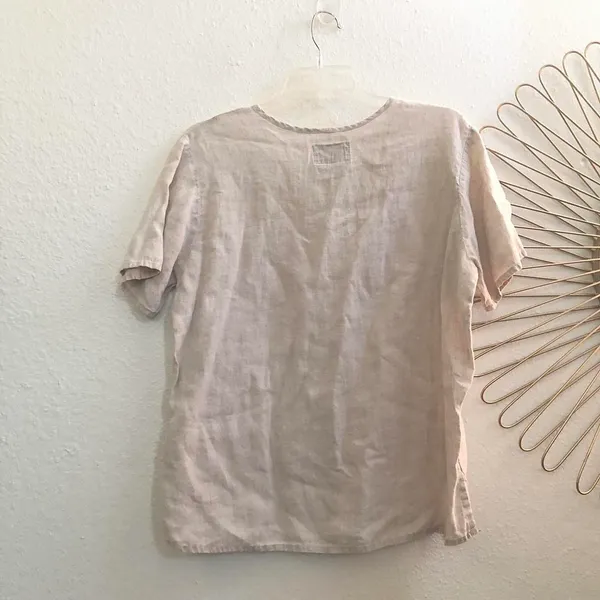 FLAX Jeanne Engelhart Woven Linen Short Sleeve Boho Tunic Shirt Top Blouse Lagenlook Cream Beige - S #cottagecore #hippie #bohemian #indie #hipster Measurement in pics - Image 2