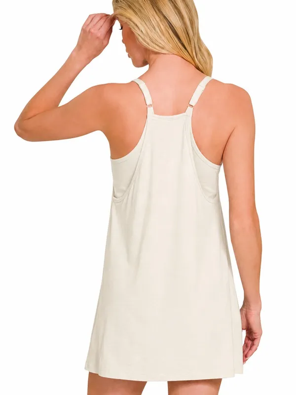 Zenana Romper Dress Built In Shorts Adjustable Straps Bone Small - Image 2