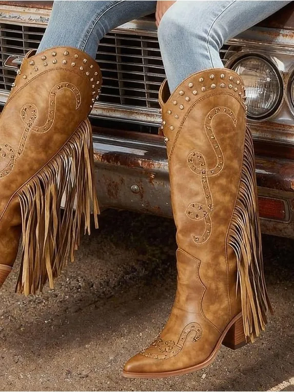 WRFCZGF Cowboy Boots for Women Fringe Knee High Cowgirl Boot Brown. Size 8 - Image 11